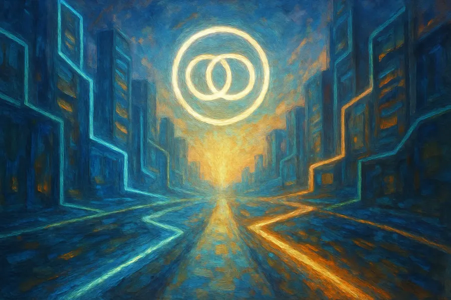 The Covenant — a covenant-seal of light at the convergence of two paths through a glowing night city
